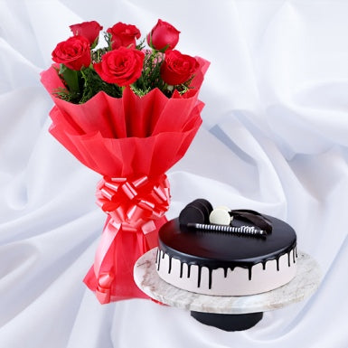 Beautiful Red Rose Bouquet & Chocolate Cake