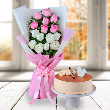 Pink White Roses With Butterscotch Cake