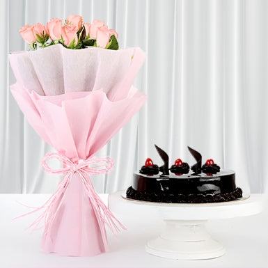 Lite Pink Rose With Chocolate Truffle Cake