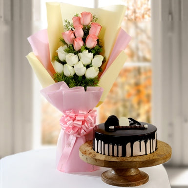 Pink & White Roses With Chocolate Cake