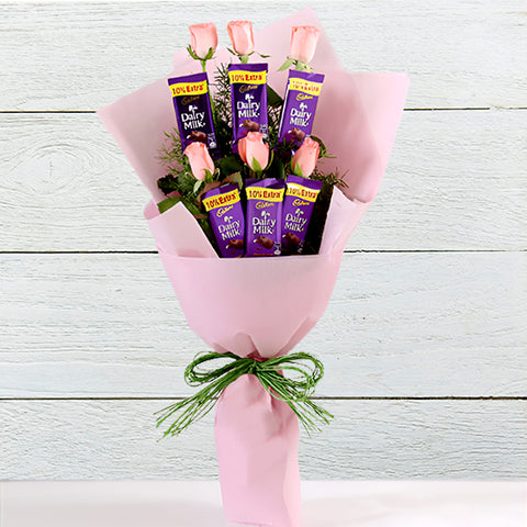 Dairy Milk Chocolate With Pink Rose Bouquet
