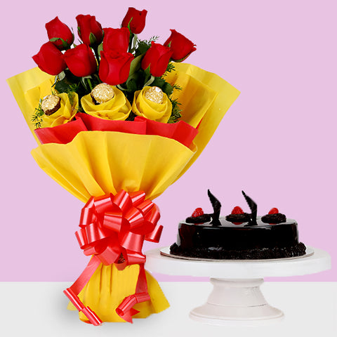 Red Rose With Chocolate Truffle Cake