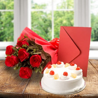 Red Rose Bouquet With Pineapple Cake