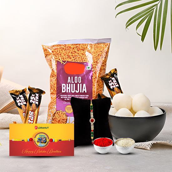 Rakhi with Aloo Bhujia & Sweets Gift Hamper