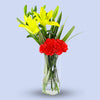 Yellow Lily With Red Carnation In Glass vase