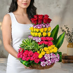 Luxury Mixed Flowers Basket with Roses & Carnations